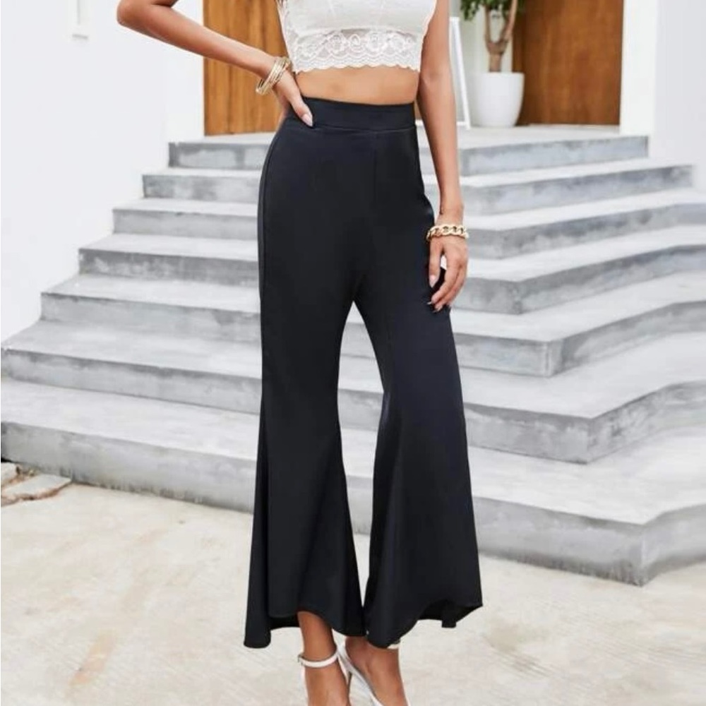 Zipper Back Flare Leg Black Pants